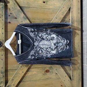 Vocal Charcoal VNeck Bling Long Sleeve Shirt Fleur De Lis Cowboy Boot Gun Pistol